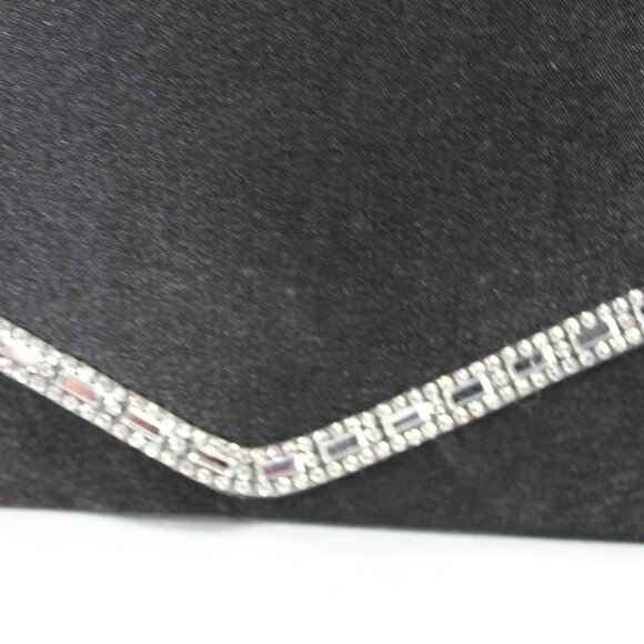 New Black Sateen Evening Clutch Bag with Rhinestone Detailing and Silver Chain - Picture 5 of 7